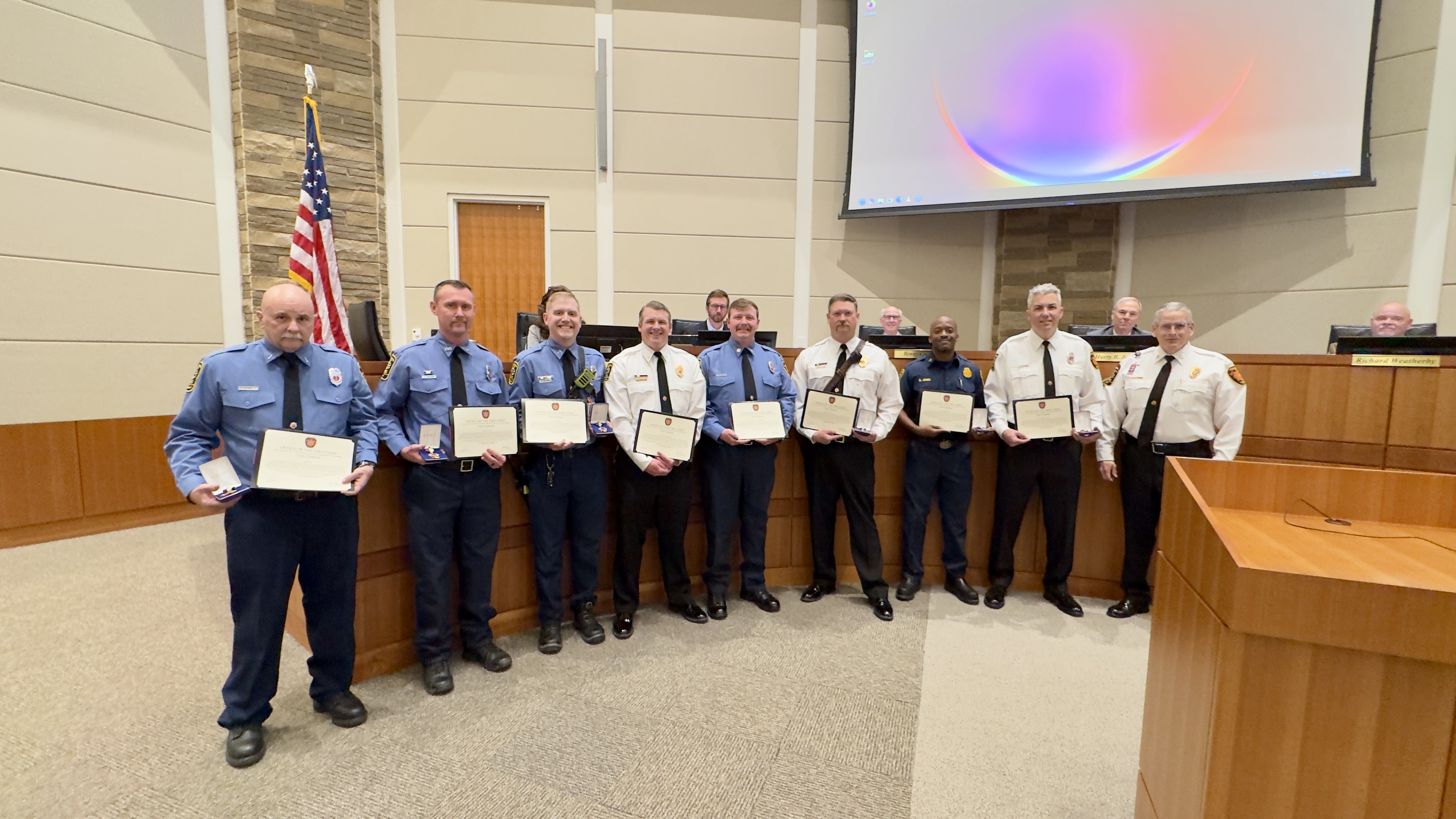 Firefighters receive a Unit Citation for their work at a recent incident. 